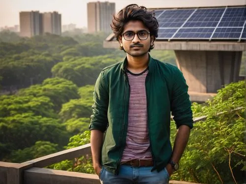 Indian architecture student, male, 20-25 years old, glasses, messy hair, casual wear, holding a large portfolio, standing confidently, IIT Delhi, CEPT University, SPA Delhi, architecture competition, 