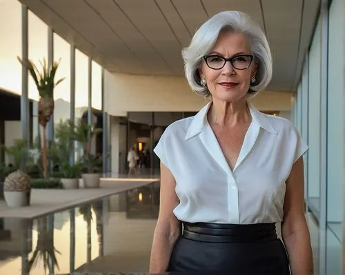 Mature lady, chief curator, professional attire, silver hair, glasses, elegant makeup, necklace, white blouse, black pencil skirt, high heels, standing, Palm Springs Art Museum, modern architecture, g