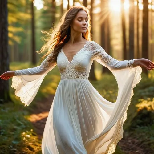 A woman in a sunlit forest stands gracefully, with her arms outstretched, as if dancing. She wears a flowing, ethereal white dress adorned with intricate lace details. The delicate fabric of the dress