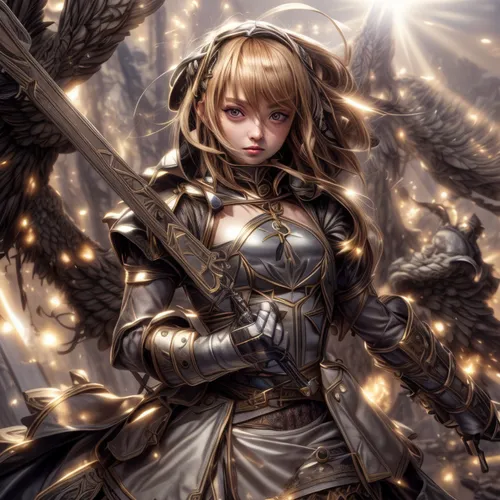 saber,violet evergarden,swordswoman,joan of arc,paladin,sword lily,female warrior,goddess of justice,archangel,knight armor,fantasy warrior,elza,knight,gara,lux,meteora,minerva,golden crown,summoner,cg artwork