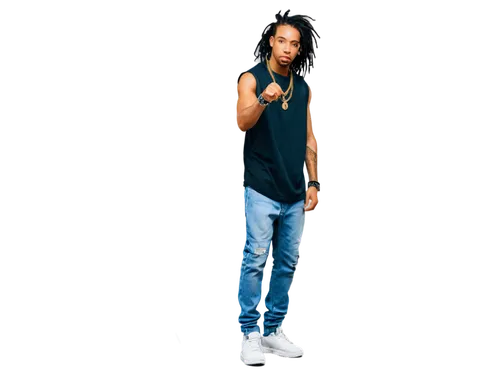 Young rapper, African American male, gold chain, dreadlocks, tattoos, sleeveless shirt, ripped jeans, sneakers, microphone, confident pose, hip-hop dance, urban background, warm lighting, shallow dept