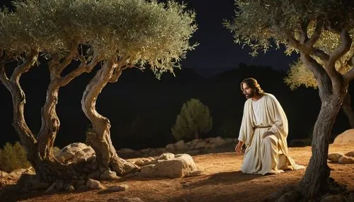 Dramatic scene, Jesus' betrayal, moonlit night, Gethsemane Garden, olive trees, dim torchlight, apostles in the background, Peter, John, James, Judas Iscariot, worried expressions, Jesus praying, knee