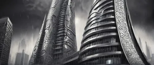 futuristic architecture,arcology,barad,supertall,futuristic landscape,skyscraper,unbuilt,urban towers,skyscrapers,metropolis,the skyscraper,titanum,ordos,shard of glass,monolithic,skylstad,sci fiction illustration,coruscant,highrises,monoliths,Illustration,Black and White,Black and White 11