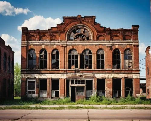 detroit,old brick building,dilapidated building,abandoned building,brownfields,luxury decay,joliet,dilapidated,old factory building,akron,dereliction,ohio theatre,derelict,soulard,wilkinsburg,dilapidation,detriot,fostoria,old factory,ypsilanti,Illustration,American Style,American Style 10