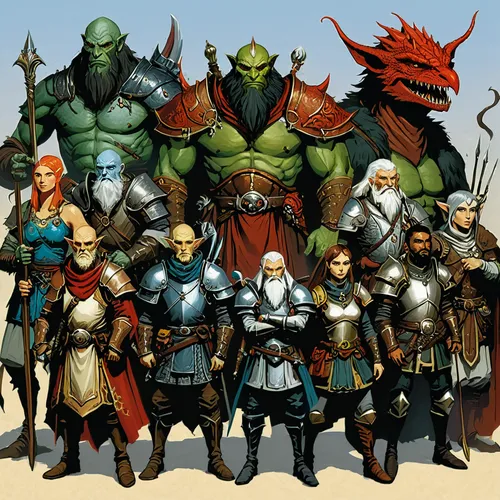 massively multiplayer online role-playing game,heroic fantasy,dwarves,game characters,dragon slayers,dwarfs,guild,warrior and orc,half orc,people characters,advisors,aesulapian staff,gauntlet,storm troops,alliance,characters,swordsmen,collected game assets,elves,hero academy,Illustration,Paper based,Paper Based 01