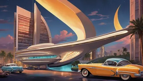 tailfins,futuristic landscape,autopia,jetsons,art deco background,futuristic architecture,streamline,futuristic car,futuristic art museum,superhighways,lotusphere,art deco,futurist,tail fins,retro automobile,fleetline,sci fiction illustration,atomic age,stratocruiser,retro diner,Illustration,Retro,Retro 12