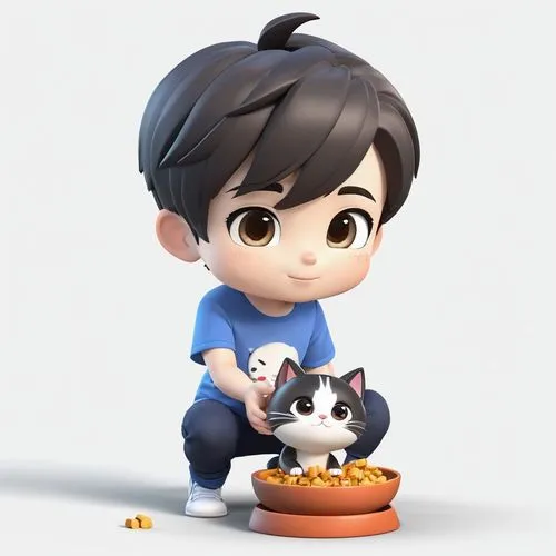 domestic short-haired cat,jiji the cat,cute cartoon character,boy and dog,child is sitting,cat child,3d figure,vax figure,funko,game figure,yo-kai,adopt a pet,kawaii boy,3d model,little cat,bowl of rice,cat mom,matsuno,puppy pet,cat's cafe,Unique,3D,3D Character