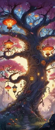 mushroom landscape,mushroom island,magic tree,fairy forest,druid grove,tree grove,tree of life,fairy world,nine-tailed,cartoon forest,autumn tree,fantasy landscape,celtic tree,wondertree,the japanese tree,flourishing tree,colorful tree of life,fantasy picture,fairy village,tangerine tree,Illustration,American Style,American Style 13