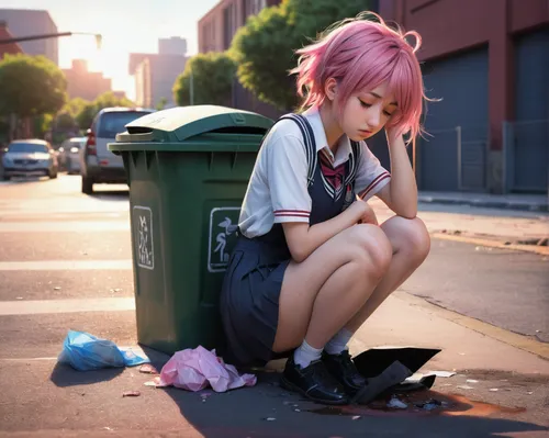 anime japanese clothing,bin,cosplay image,worried girl,pink hair,girl sitting,garbage lot,discarded,anime girl,bulli,garbage collector,trash can,kawaii girl,garbage,littering,trashcan,harajuku,anime,trash dump,school clothes,Conceptual Art,Fantasy,Fantasy 16