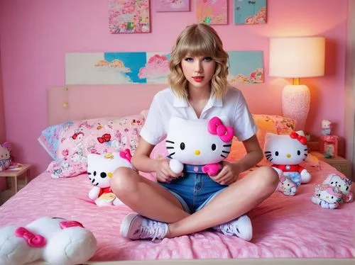 Taylor Swift, Hello Kitty fan, young woman, blonde hair, blue eyes, sweet smile, casual outfit, white shirt, denim shorts, sneakers, holding a Hello Kitty plushie, sitting on a colorful bed, surrounde