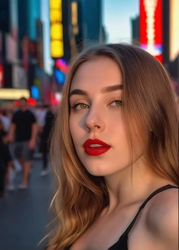 a young beautiful caucasian girl 23 years old whit brown long flowing hair red lips and a  expression confidence wearing black dress at sunset in Times Square as background in 4k,on a red background,p