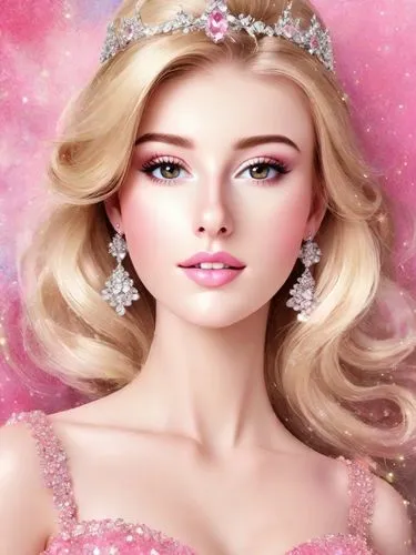 Beautiful blonde lady made to look like a Barbie doll for a party. Cerise dress. Tiara. Blinging jewellery. Sparkles. Artistic. Abstract background. 3D render. Pixar style.,a woman wearing a pink dres