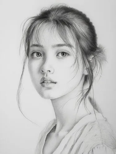 女孩，白色背景，黑白，素描，,the pencil sketch of an asian girl,girl drawing,girl portrait,graphite,pencil drawing,charcoal pencil,pencil drawings,Illustration,Black and White,Black and White 35