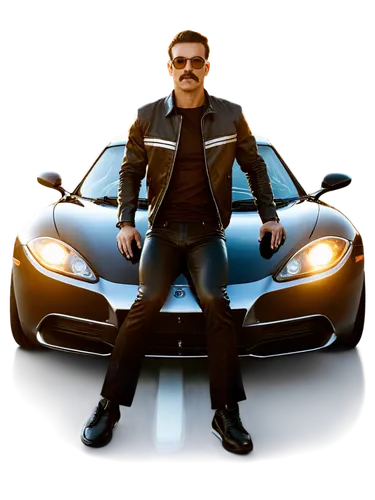 1970s, GT car, sports car, shiny metal, racing stripes, spoiler, muscular man, aviator sunglasses, mustache, leather jacket, denim pants, sneakers, leaning on car, sunset lighting, low-angle shot, cin