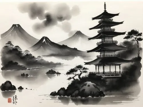 this is an oriental painting of the mountains, water and trees,japanese art,mengzi,baishi,qinqin,oriental painting,yiping,Illustration,Paper based,Paper Based 30