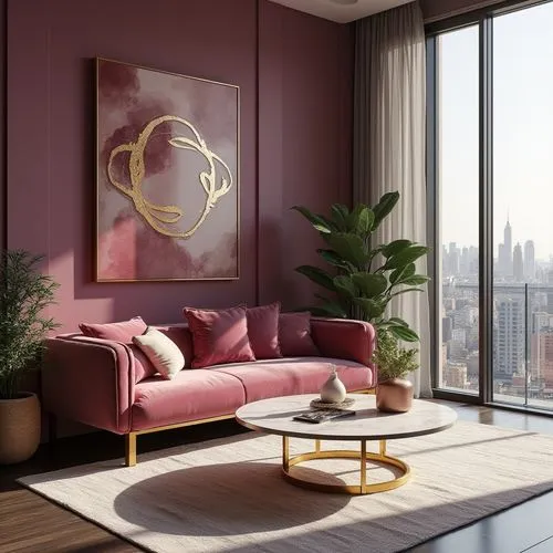 apartment lounge,gold-pink earthy colors,livingroom,modern living room,modern decor,living room,contemporary decor,sitting room,minotti,3d rendering,interior decoration,penthouses,interior design,interior decor,modern room,interior modern design,mahdavi,pink chair,an apartment,furnishing,Photography,General,Realistic