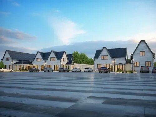 BLACK ROOF, SIMILAR AS SOURCE, COMMERCIAL BUILDING,the front view of a three story home with cars parked on the side,kleinburg,townhouses,townhomes,townsquare,townscapes,knight village,Photography,Gen