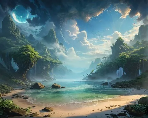 Create a dreamy atmosphere with a soft and ethereal background,fantasy landscape,coastal landscape,fantasy picture,landscape background,an island far away landscape,sea landscape,beach landscape,fanta