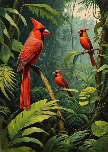 tropical birds,cardinals,macaws of south america,passerine parrots,parrots,rare parrots,light red macaw,macaws,couple macaw,scarlet tanager,tropical bird climber,colorful birds,sun conures,scarlet ibis,golden parakeets,bird painting,birds on a branch,parrot couple,tanager,songbirds,Art,Classical Oil Painting,Classical Oil Painting 23