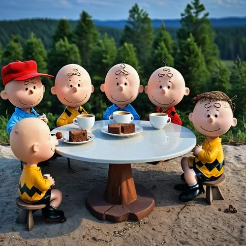 Charlie Brown and his friends drinking coffee,peanuts,popeye village,marzipan figures,swede cakes,gnomes at table,eieerkuchen,wooden figures,little people,family picnic,cake stand,mämmi,reibekuchen,ca