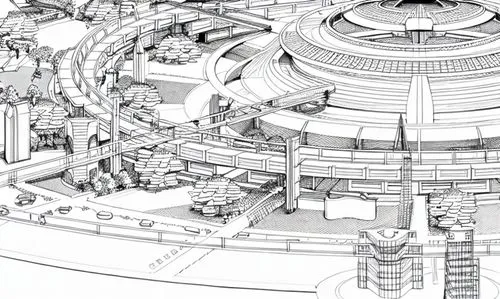 panopticon,industrial landscape,cross section,circular staircase,futuristic architecture,cross-section,orrery,solar cell base,spaceship space,millenium falcon,copernican world system,industrial plant,