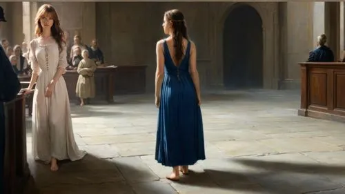 classicism painting: ((female defendant, long dress, barefoot. bare feet, bare toes)), inside 17th century courtroom, standing on stone floor, 2 bare feet with 5 toes showing each,vionnet,annunciation