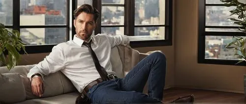 Mature man, masculine, 30s, short brown hair, facial stubble, casual wear, white shirt, dark blue jeans, black leather belt, loafers, sitting, leaning back, hands behind head, relaxed posture, luxurio