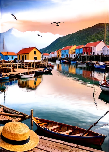 Fishing village scene, seaside setting, wooden dock, traditional sailing boats, nets drying, seagulls flying overhead, villagers in casual wear, straw hats, worn denim, rugged hands, nostalgic atmosph