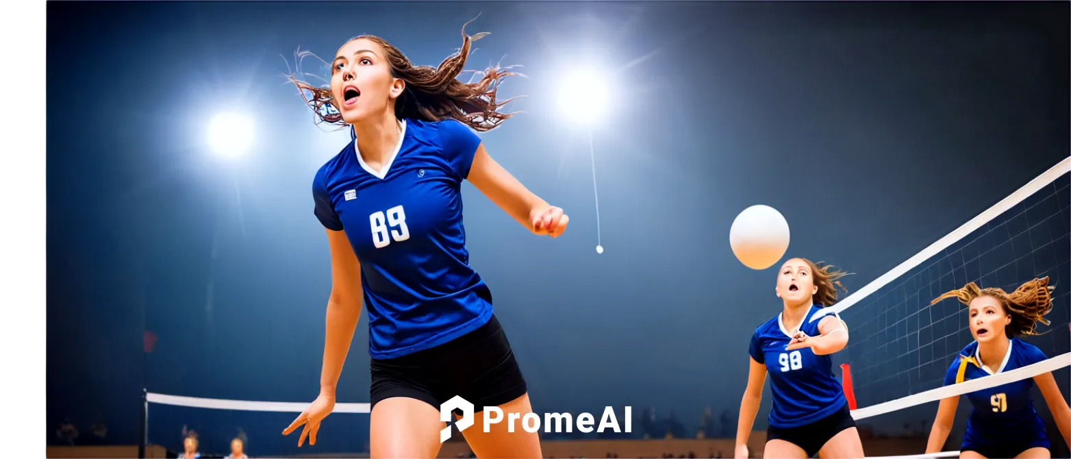 Indoor sports scene, volleyball players, athletic girls, dynamic action, jumping high, spiking ball, sweat droplets, messy hair, sporty uniforms, knee pads, bright stadium lights, shallow depth of fie