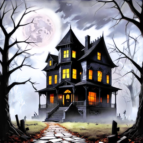 the haunted house,haunted house,witch house,witch's house,halloween background,house silhouette,halloween poster,creepy house,halloween illustration,halloween scene,halloween wallpaper,houses clipart,lonely house,dreamhouse,haunted castle,haddonfield,house painting,halloween and horror,halloween frame,house in the forest,Art,Artistic Painting,Artistic Painting 45