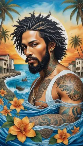 the artwork depicts a man with dread locks standing in a water scene,sun of jamaica,shwayze,gyptian,jermaine,franti,tropico