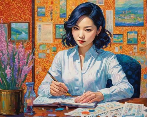 vietnamese woman,girl studying,asian woman,girl at the computer,japanese woman,meticulous painting,mari makinami,rou jia mo,samcheok times editor,han thom,nước chấm,artist portrait,xiangwei,cao lầu,su yan,woman sitting,choi kwang-do,kaew chao chom,siu mei,chinese art,Conceptual Art,Daily,Daily 31