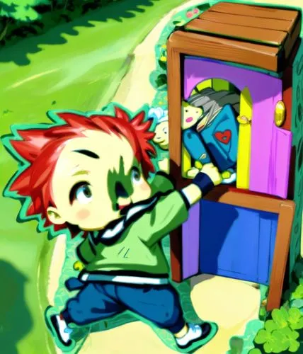 a  in a green shirt trying to hit a small piece of furniture,eikichi,tendo,neenan,nairiku,hitoshi,shou,Anime,Anime,Traditional