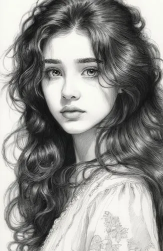 女生，黑白，素描，长发,a young woman is featured as she looks straight ahead,girl drawing,arwen,girl portrait,young girl,alia,pencil drawings,Illustration,Black and White,Black and White 13