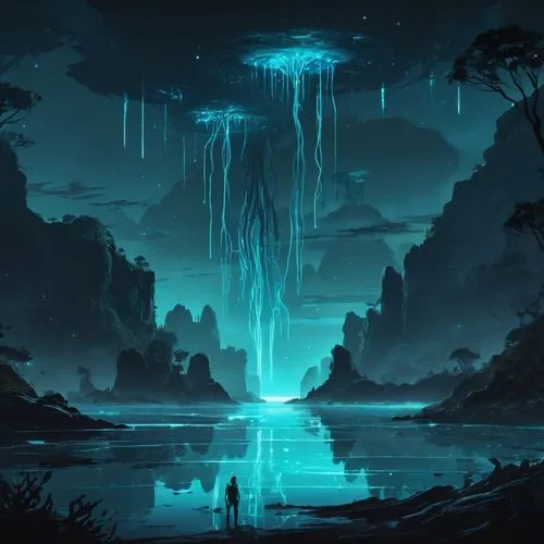 bioluminescent,fantasy landscape,bioluminescence,fantasy picture,futuristic landscape,lagoon,Conceptual Art,Fantasy,Fantasy 02