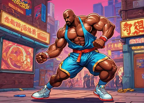 Shaq, muscular athlete, dynamic fighting pose, basketball shorts, red tank top, high-top sneakers, intense expression, martial arts action, fiery background, arcade style, pixel art texture, vibrant c