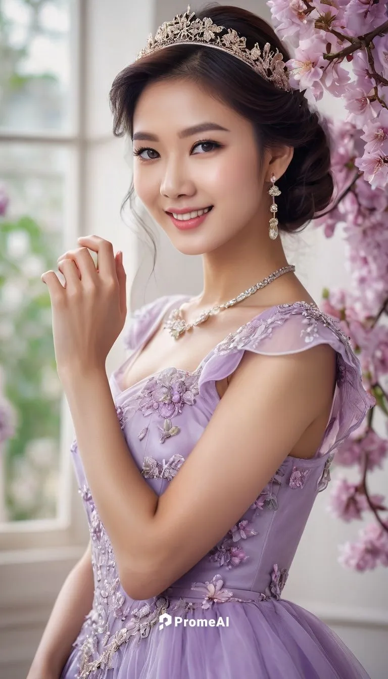 A whimsical portrait of a girl in a light purple princess dress, standing confidently with a radiant smile directed at the viewer. Her eyes sparkle as she gazes directly into the camera lens. Delicate