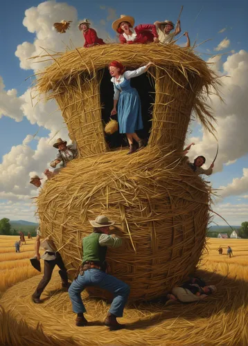 Imagine a humorous scene where someone accidentally falls into a haystack and has trouble getting out.,straw hut,straw cart,straw harvest,straw carts,threshing,haymaking,agriculture,round straw bales,