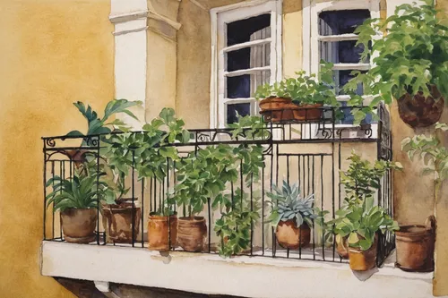 watercolor paris balcony,balcony garden,watercolor painting,paris balcony,potted plants,balcony,balcony plants,watercolor,balconies,house plants,windowsill,watercolor paint,window sill,watercolor background,watercolor cafe,watercolor paris,watercolors,sicily window,balcon de europa,bay window,Illustration,Paper based,Paper Based 23