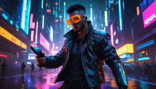 cyberpunk,cyber glasses,electro,cyber,futuristic,mute,streampunk,80s,80's design,neon,3d man,vapor,pedestrian,neon human resources,neon lights,man holding gun and light,matrix,neon arrows,music background,dystopian,Illustration,Realistic Fantasy,Realistic Fantasy 33