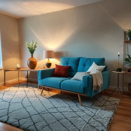 blue couch with decorative cushions in living room,apartment lounge,livingroom,home interior,living room,danish room,apartment,Photography,General,Realistic