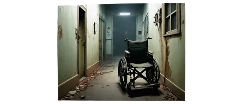 Creepy abandoned asylum, dark corridors, eerie silence, sudden loud creaking door, faint whispering voices, haunting screams, spine-chilling howls, old rusty medical equipment, broken wheelchairs, fli