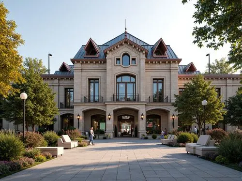 Elegant bus station, academic architectural style, symmetrical facade, grand entrance, ornate details, classical columns, arches, rusticated stone walls, steeply pitched roofs, dormer windows, copper 