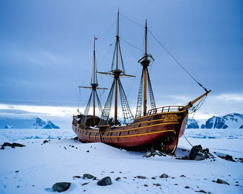 The scientists in Antarctica find an old sailing ship partially buried in the snow, the snowstorm is still blowing in the background.,viking ship,arctic antarctica,full-rigged ship,old ship,caravel,vi