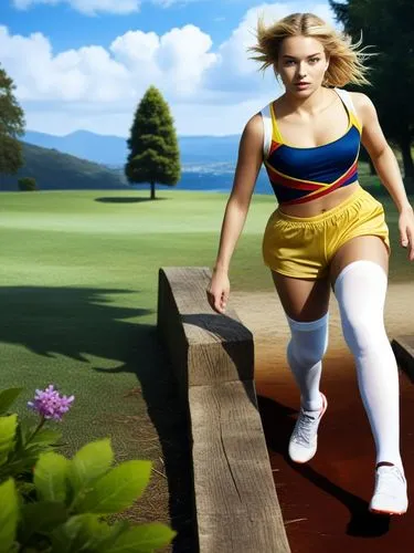 This lady is running across a soccer pitch.,a girl with short blonde hair is walking along the bench,golf course background,golfvideo,golfer,golfing,golf player,virtua