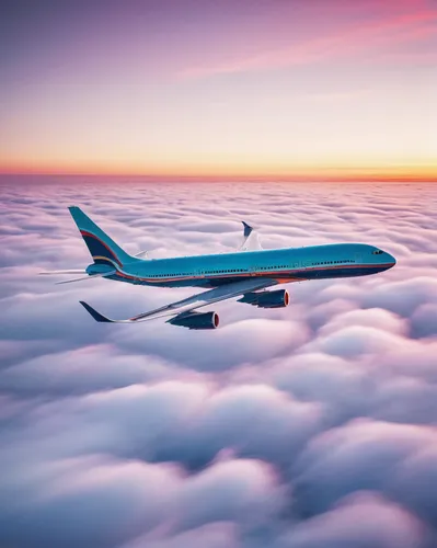 Describe a serene scene where an airliner gracefully glides through a vibrant sunset, leaving colorful trails in its wake.,above the clouds,sunrise in the skies,boeing 777,jet plane,747,jumbo jet,boei