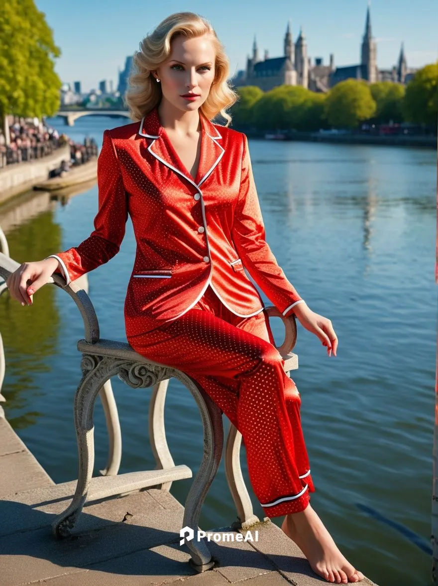 As you gaze upon a captivating portrait of a charming, red sporty Lady, gazes intently at her gaze. Her sleek red pyjamas gleam in the sunlight, inviting you to come closer and see her elegant feature