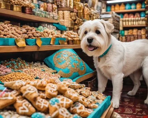 In a bustling Asian market, a doggy sniffs out delicious treats.,pet vitamins & supplements,irish soft-coated wheaten terrier,dog supply,pet supply,shopkeeper,pâtisserie,candy store,sufganiyah,grand b