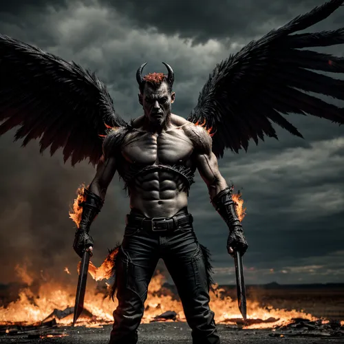 As a monstrous demonic being made of fire and ash with black wings, standing in an violent pose, breaking the fourth wall,the archangel,archangel,black angel,dark angel,lucifer,angel of death,daemon,a