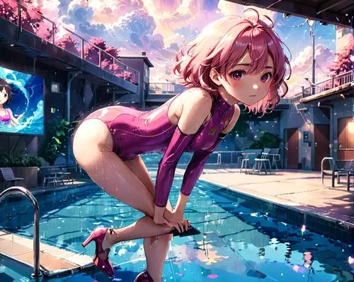 detailed anime style drawing of a  woman in platform heels and shiny pink rubber swimsuit

public pool

,a pretty young lady standing in front of a pool,satori,inori,kallen,natsuki,alisa,tohira,Anime,